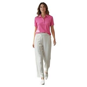 Ellen Tracy Linen Blend Striped Wide Leg Pants MED Beige White Boho Resort Wear